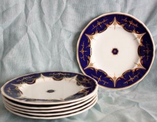 6 X Antique 19th Century Royal Worcester Porcelain Plates Cobalt Blue & Gold
