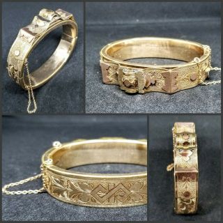 Antique Victorian Engraved Yellow/rose Gold Filled Hinged Bangle Bracelet Estate