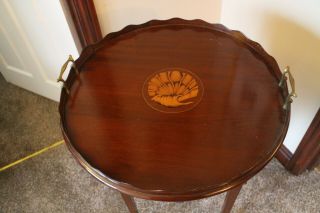 Antique Inlaid Mahogany Circular Tea Tray With Gallery And Gilt Brass Handles