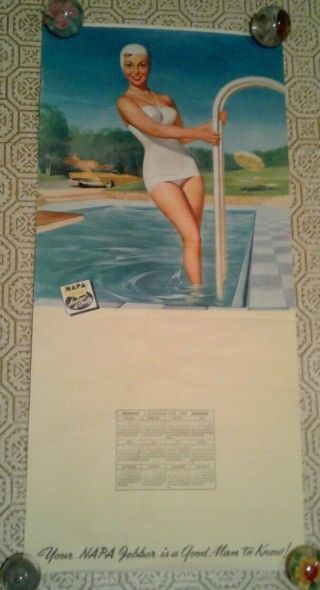 Vntg 1958 Bathing Beauty In Swimsuit Napa Auto Parts Pin - Up Calendar - 16 X 34 "