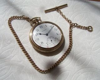 American Antique Circa 1918 Waltham Pocket Watch & Chain Fob T - Bar - Runs Strong