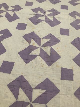Vintage Lavender & White Hand - Stitched Pinwheel Twin Size Quilt 2
