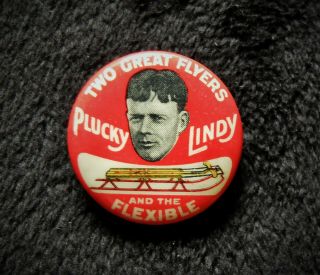 Lucky Plucky Lindy Flexible Flyer Sled Pinback Button Charles Lindbergh 20 