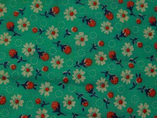 12 " X36 " Wide Vintage Quilt Cotton Fabric Turquoise Green White Red Floral Print