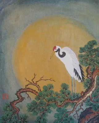 Very Fine Korean Minhwa Folk Hand Painting Crane Moon Tree Chop Stamp