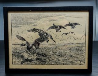 1954 Etching Of Flying Geese Vintage Artist Signed And Framed