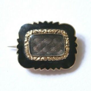 Antique Victorian 15ct Yellow Gold & Black Enamel Hair Mourning Brooch