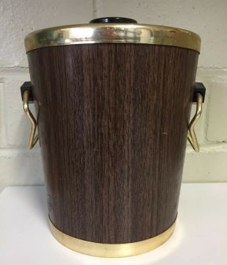Vintage 1970s Ice Bucket Barrel Brown Gold Handles Wood Look Mancave