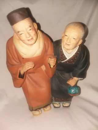Vintage Hakata Urasaki Doll Statue Old Man Old Woman Japan Figurine Pottery 10 "
