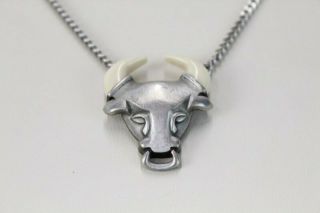 Vintage Bull Head Pewter Mens Necklace Pendant Silver Tone Chain Avon 18 1/2 "