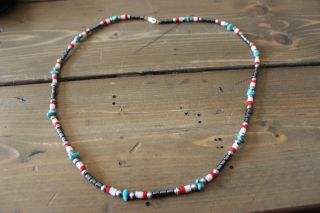 Vintage Sterling Silver Red Coral Turquoise Southwestern Necklace 25.  5 Inches