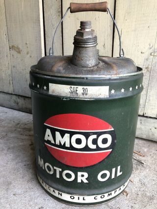 Antique 1940s Amoco 5 Gallon Motor Oil Can Tin Gas Auto American Vtg