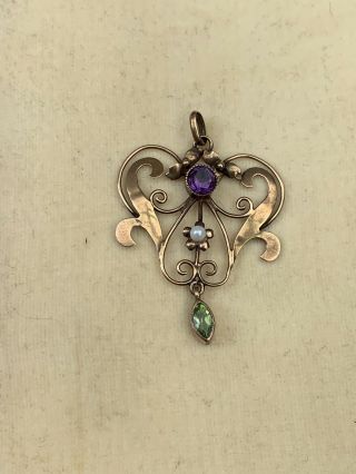 Antique Victorian 9ct Gold Suffragette Pendant,  Amethyst,  Peridot & Seed Pearl