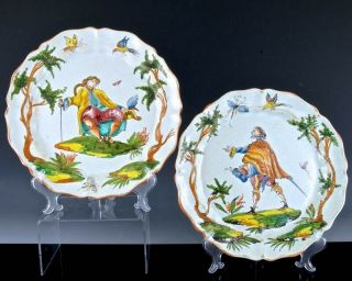 Pair Early 19thc Italian Majolica Cavalier Birds Scenic Cabinet Plates