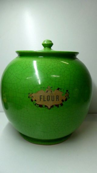 Antique Bendigo Pottery Flour Bin Canister Green Majolica Glaze Art Deco Crock
