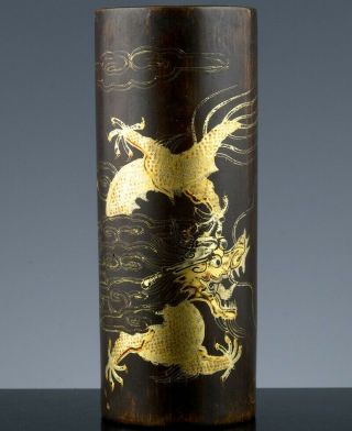 Antique Chinese Gold Gilt Lacquered Dragon Figural Scholar Brush Pot Holder