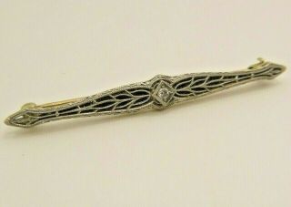 Antique Art Deco 14k Solid White Gold Filigree Diamond 2 " W Bar Pin Brooch 3.  1g