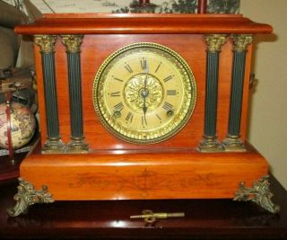 Antique Seth Thomas Adamantine Mantel Clock,  4 Columns,  Wood And Brass