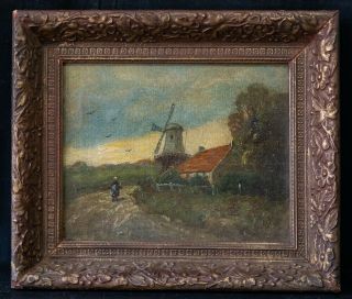 Antique 19th Century Dutch Oil Painting " Windmill Scene "