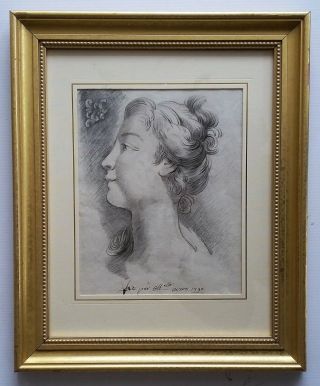Antique 18th C.  Drawing Of French Girl On Paper With Watermarks.  Signed.
