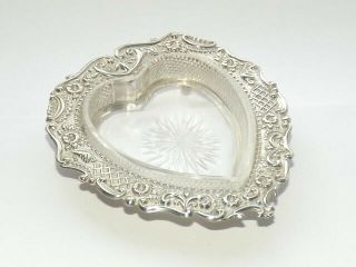 Antique Victorian Heart Solid Silver Sterling & Glass Butter Dish B 