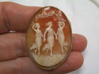 Antique 14k Yellow Gold Hand Carved Shell Cameo Brooch Pin Three (3) Graces