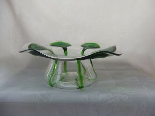 Antique Stuart & Sons Clear Glass & Green Peacock Eyes & Trails Bowl - 6 " Wide