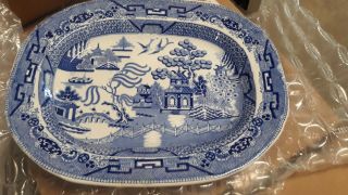 Antique Staffordshire Warranted Blue Willow Platter 15 1/2 " × 12 1/2 "
