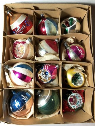 12 Vintage Glass Christmas Ornaments Indents,  Hand Painted Poland