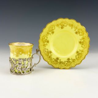 Antique Aynsley Porcelain - Yellow Glazed Cup & Saucer - Silver Putti Mount