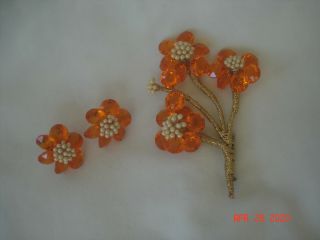 Fun Funky Vtg.  Orange Plastic Flower Pin Brooch & Screw Back Earrings Set