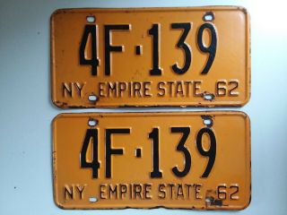 1962 Empire State Vintage Matched Pair York Metal License Plates 4f 139