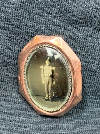 Antique Tintype Photo Pin Brooch Jewelry Handsome Civil War Soldier With Rifle