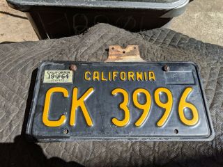 1963 California License Plate Ck 3996 With 1964 Validation Sticker D.  M.  V Cleared