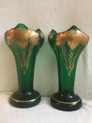 Pair Antique Art Nouveau Jungerstil Green Lily Glass Vases Pair Art 1900 Loetz
