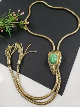 Estate Vintage Gold Tone Green Peking Glass Snake Bolo Chain Necklace 32 " L