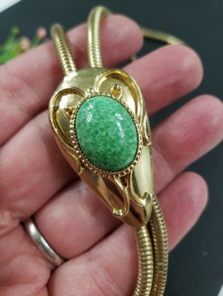 Estate Vintage Gold Tone Green Peking Glass Snake Bolo Chain Necklace 32 