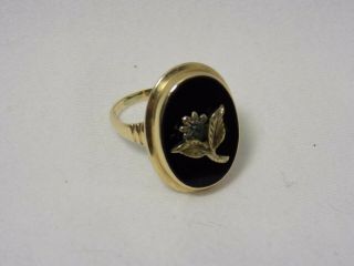 Antique 10k Gold Onyx With Gold Flower Ring Size 5 1/2 Art Deco