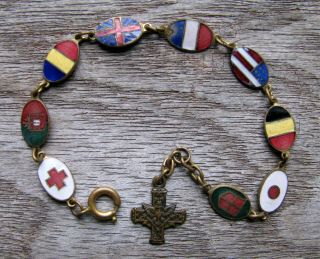 Vintage Collectible Wwii Flags Brass & Enamel Bracelet - Service Eagle Military