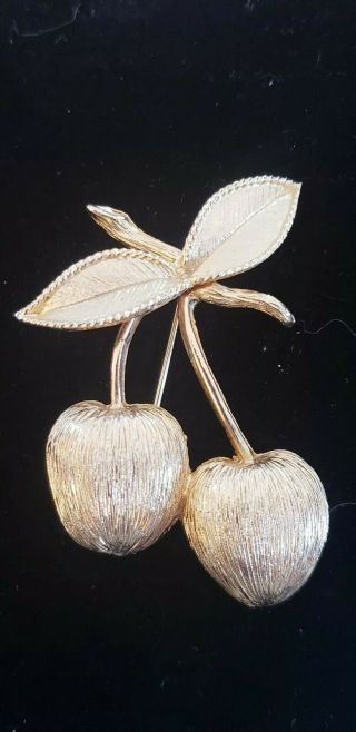 Vintage 1960s Sarah Coventry Golden Cherry Cherries Brooch Pin Brushed Gold Tone
