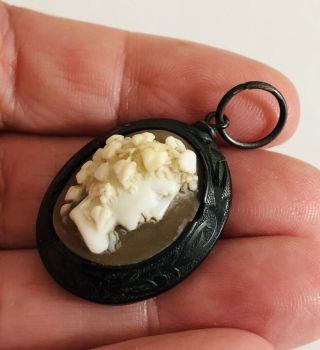 Antique Victorian Whitby Jet Carved Cameo Pendant