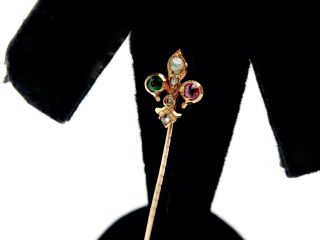 Antique Victorian 18k Gold Diamonds,  Emerald,  Ruby Fleur De Lys Stickpin,  2 5/8 "