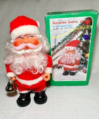 Vintage Musical Walking Santa Claus Toy Ringing Bell 1970s 1980s Box