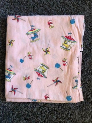 Vintage Pink Circus Quilt Fabric 34 X 52 Carousel Popcorn Horse Candy Apple