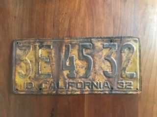 California 1932 License Plate,  Unrestored Big 32 Above Sm 32
