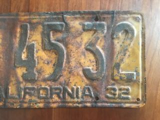 California 1932 License Plate,  Unrestored Big 32 Above Sm 32 2