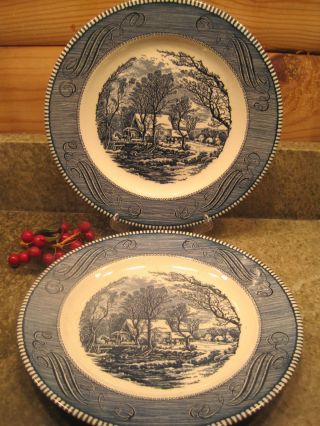 Set Of 2 Blue Vintage Currier & Ives Royal Ironstone Grist Mill Dinner Plates