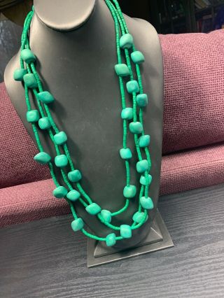 Vintage Bohemian Spring Green Wood Beaded Multi Strand Necklace 32” Long