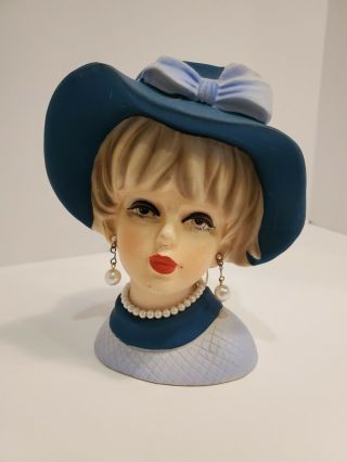Vintage 1950s Napcoware Lady Head Vase Blonde Hair Blue Hat With Pearls