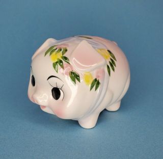 Vintage Ceramic Pink Pig Piggy Bank With Blue Bow Pink And Yellow Flowers
